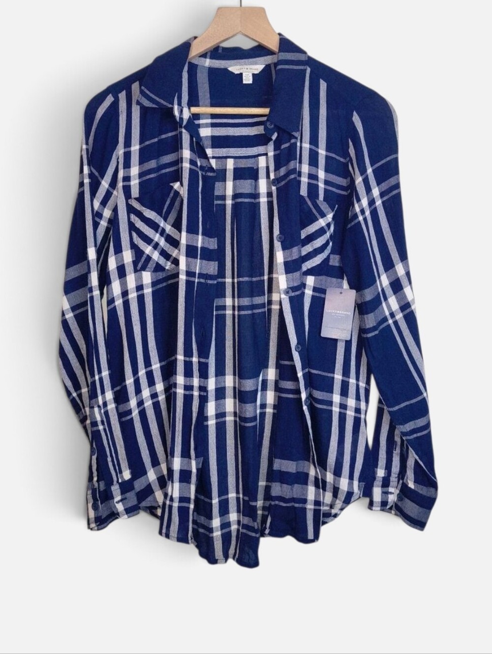 NWT Lucky Brand Navy Plaid 100% Cotton Lightweight Button-Down Shirt
